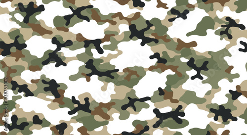 Seamless camouflage pattern with green, brown, and black shapes.