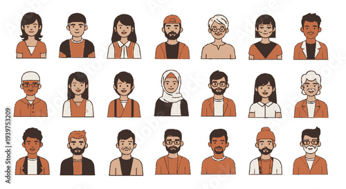 Diverse group of people illustrated in orange and white clothing various ages and occupations flat design white background multicultural