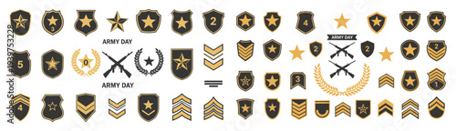 Collection of black and gold military badges and insignia.