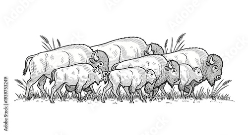 Herd of bison walking together outdoors.