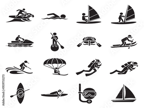 Black and white silhouette vector set of summer activities