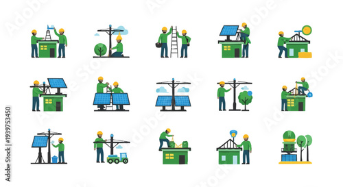 Electricians installing electrical equipment icons set.