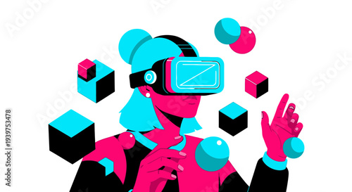 Woman in virtual reality headset with futuristic interface
