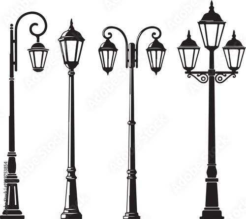 Set of Classic Vintage Street Lamp Post Vector Silhouettes