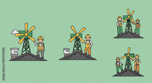 Wind turbine installation team workers construction.