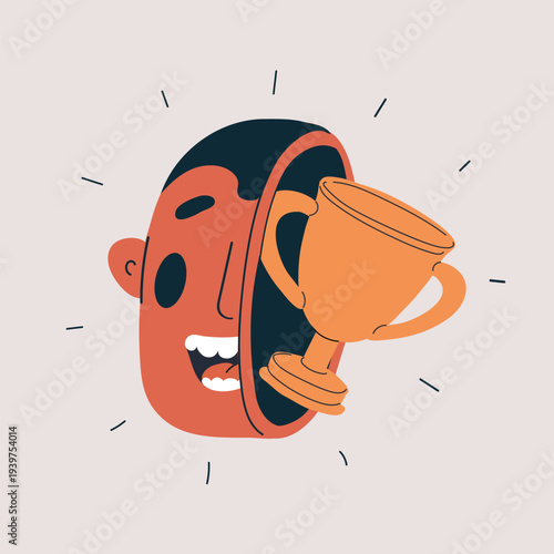 Cartoon vector illustration of a man with a trophy cup as his head, achievement and success concept