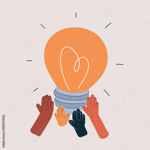 Cartoon vector illustration of people holding a glowing light bulb with their hands, teamwork and idea concept