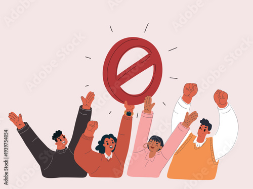 Cartoon vector illustration of people holding a prohibition sign above their heads, warning and restriction concept