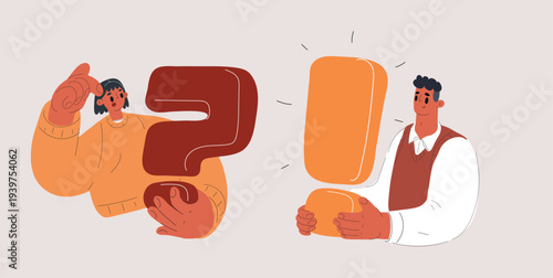 Cartoon vector illustration of people holding question and exclamation marks, curiosity and surprise concept