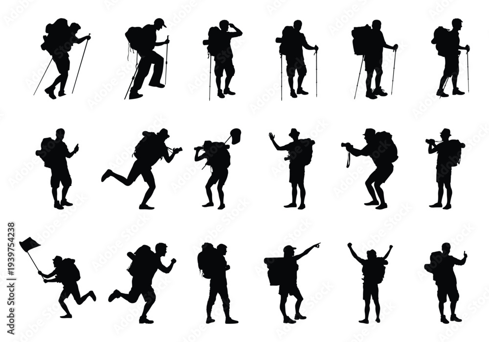 Fototapeta premium hikers vector silhouette illustration, shapes, icons, graphics