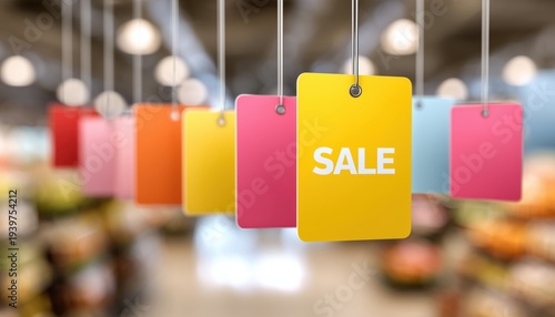 Mock-Up Of Round, Square, And Square White Paper Stickers On Plastic Strip For Supermarket Sale Promotion Price Sign. Shelf Wobbler Included.