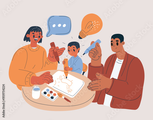 Cartoon vector illustration of a family with a son drawing a picture at the table, creativity and bonding concept