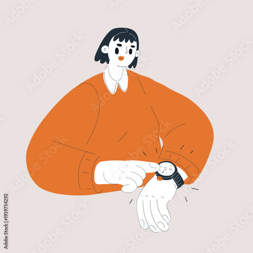Cartoon vector illustration of a woman pointing at her wristwatch, expressing urgency or impatience