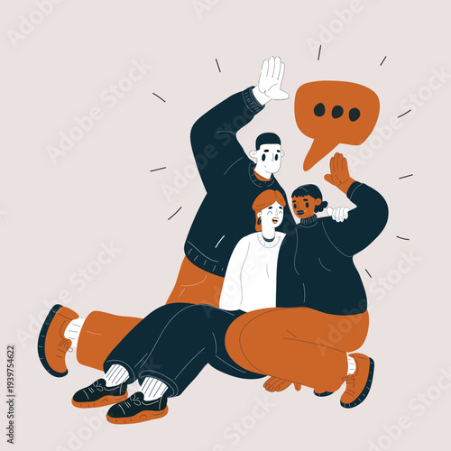 Cartoon vector illustration of people waving their hands at us, showing greeting, friendliness, or welcoming gesture