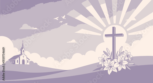 Easter Sunday Worship Background Flat Vector Illustration with 2 Colors