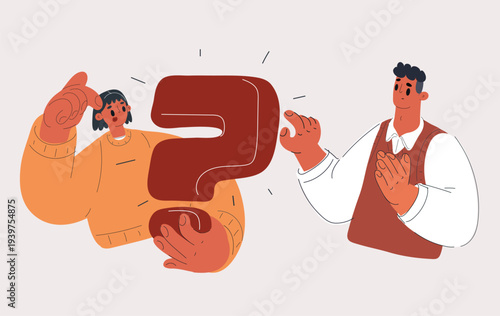Cartoon vector illustration of a woman holding a question mark while a man touches it cautiously, both deep in thought, curiosity and cautiousness concept