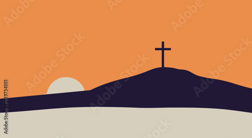 Sunrise Hill Cross Flat Vector Illustration with Three Colors