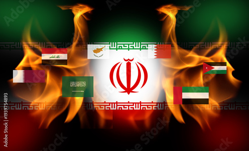 Escalation of Middle East conflict concept. Iranian flag surrounded by flames with flags of Saudi Arabia, Iraq, UAE, and other regional powers on a dark background. Iran war 2026