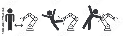 Isolated bundle pictogram safety signs for robotic arm factory hazards including distance warning, electric shock danger, and machinery entanglement risk