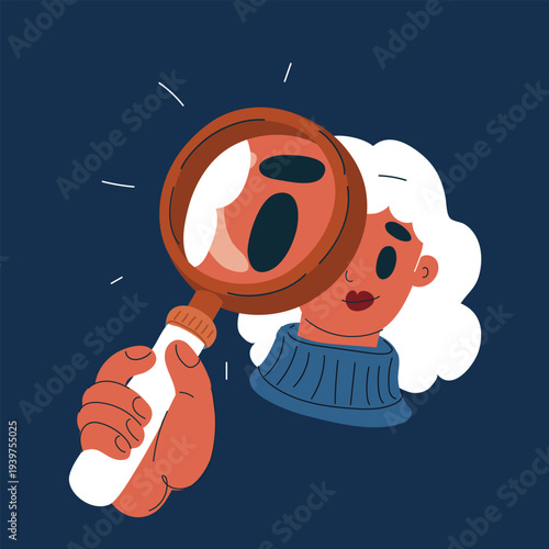 Cartoon vector illustration of a woman looking at you through a magnifying glass, showing curiosity, inspection, or investigation