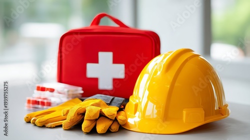 Safety Gear with First Aid Kit and Helmet on Table
