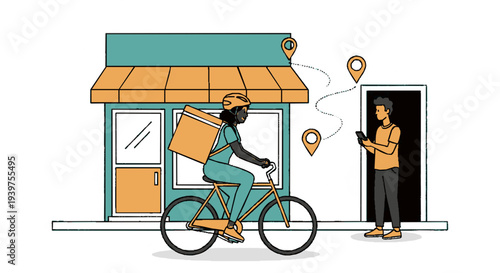 Delivery person on bicycle with package approaching customer standing in shop doorway using smartphone with location pins