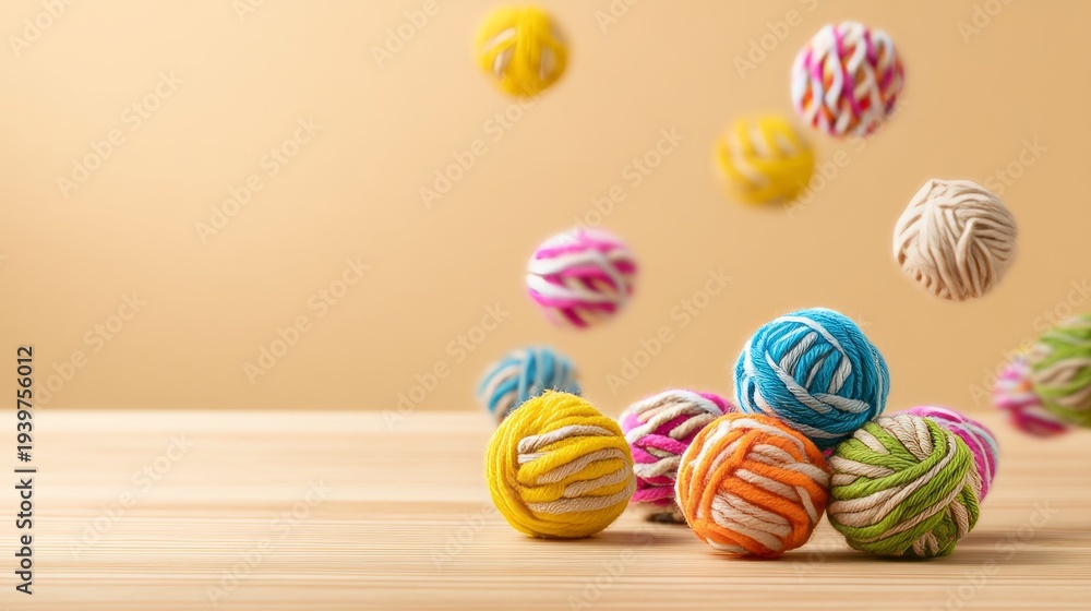 Fototapeta premium Colorful Yarn Balls Tumbling on Wooden Surface