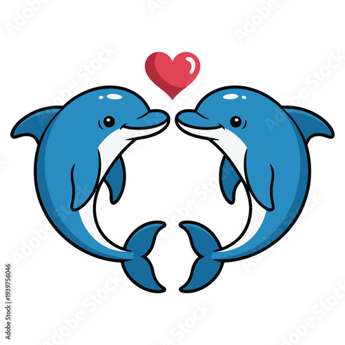 Dolphin Clipart – Cute Cartoon Dolphins Forming Heart Shape with Red Heart Symbol