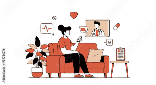 Telemedicine consultation on a couch with a doctor on screen and medical icons