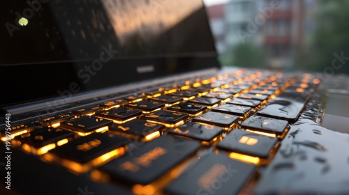 Glowing Backlit Keyboard on Laptop During Rainy Day