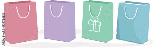 Set of colorful paper shopping bags in pastel pink, purple, green, and blue isolated on white background for retail and e-commerce.