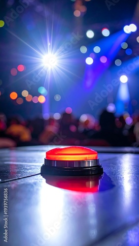 A close-up captures a bright red button on a reflective surface. Behind it, a stage illuminates with lights and a blurred crowd
