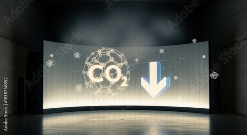 Minimalist Futuristic CO2 Molecule and Down Arrow Hologram, Carbon Removal Technology Installation, Net Zero Concept