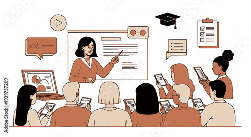 Online learning concept with woman teaching students remotely using digital tools and gadgets in classroom