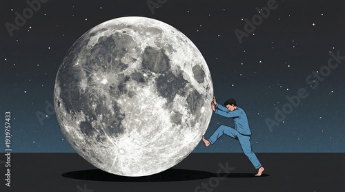 Man moving moon, surreal night concept, pushing giant sphere, creative dream imagery, cosmic effort art, moon fantasy scene, surrealism night sky, man pushing moon, surreal space art, pushing lunar