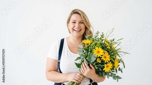 Woman holding flowers, bright sunflower bouquet, joyful nature lover, floral gift smile, yellow summer blooms, happy gardener portrait, fresh flower arrangement, sunflower bouquet girl, joyful floral