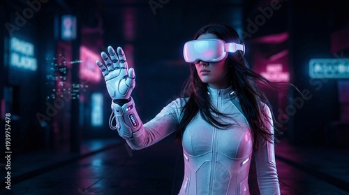 Cyberpunk woman VR, Neon digital interface, Futuristic virtual reality, High tech gear, Glowing data stream, Sci-fi female avatar, Advanced simulation suit, Cyber beauty tech, Neon VR headset