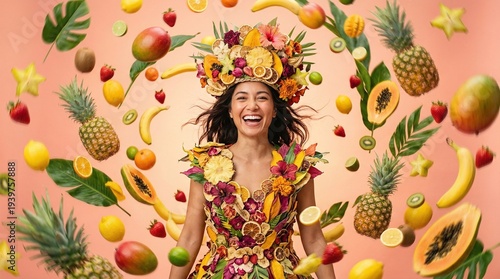 Fruit headpiece woman, Tropical summer crown, Healthy food portrait, Vibrant fruit fashion, Exotic garden style, Playful fruit hat, Organic food joy, Fresh fruit crown, Summer fruit girl, Tropical
