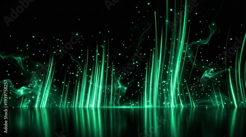 Vertical green streaks, Neon glow background, Digital stream effect, Energy wave motion, Futuristic light pattern, Glowing laser lines, Abstract light beams, Green aurora effect, Matrix code style