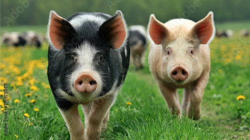 Two pigs walking towards the viewer in a grassy field during daytime