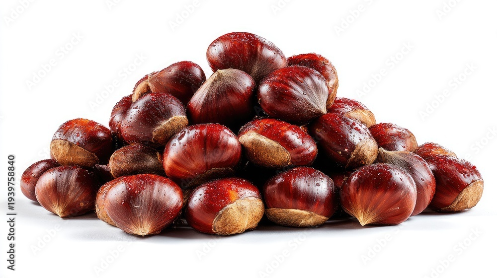 Obraz premium Pile of fresh chestnuts isolated on white background for culinary and design uses