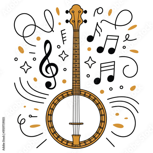 Banjo Clipart – Stylized Musical Instrument with Notes, Stars, and Swirls