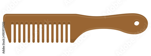 Brown hair comb vector illustration, professional grooming tool flat icon for personal hygiene, hair styling, and barber shop branding, minimalist design isolated on white background.
