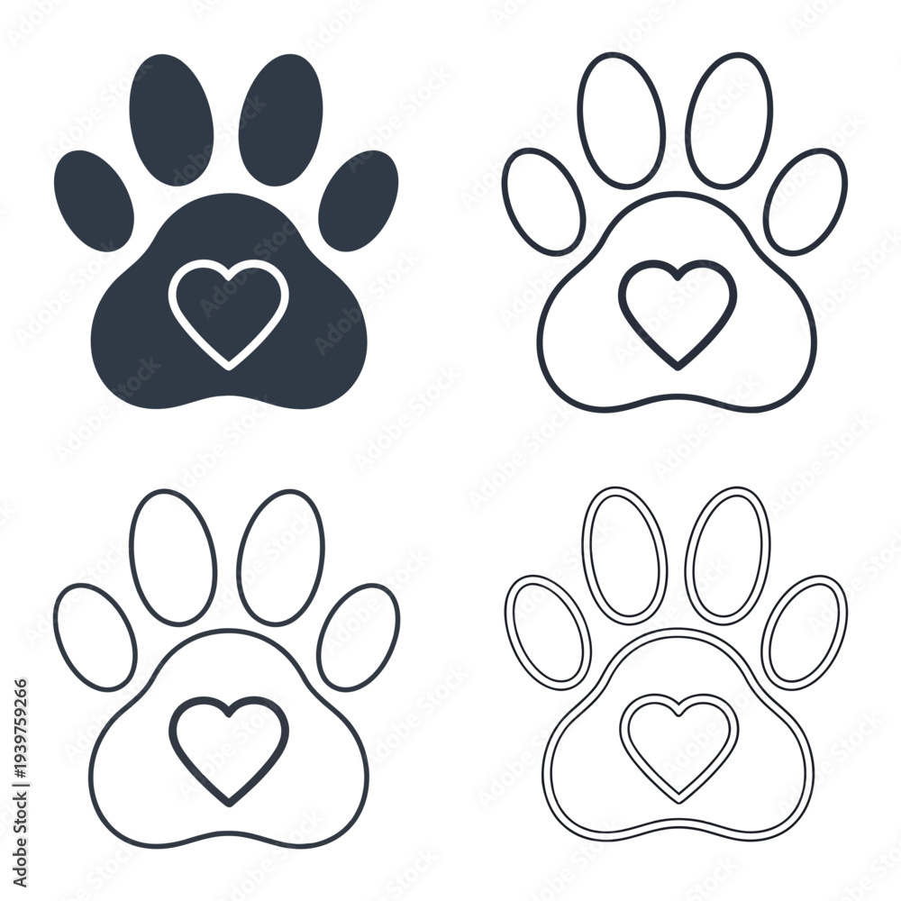 Fototapeta premium Set of cute cartoon animal icons and funny bunny rabbit characters featuring pink paw print illustrations and pet footprint vector art for baby nature designs