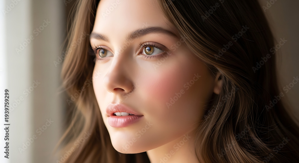Obraz premium Close Up Portrait of Woman with Long Brown Hair