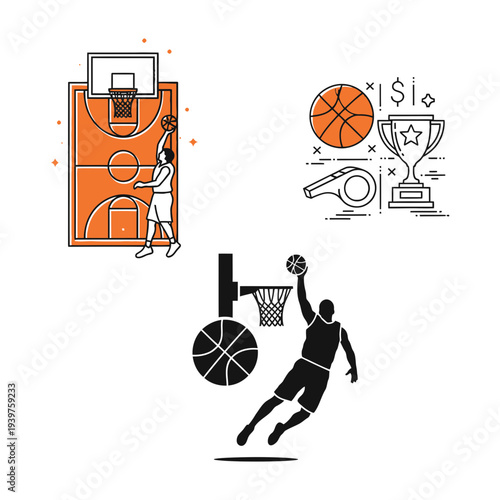 A basketball player silhouette leaps toward the orange hoop with the ball in this vector sport illustration of a team competition game