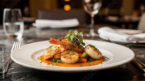Elegant plated seafood entree on restaurant table with warm lighting