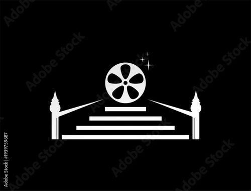 Film Reel on Staircase with Ornate Pillars and Sparkles – Elegant Black and White Logo Symbolizing Cinema, Film Festival Glamour, and Cinematic Achievement