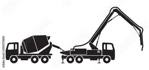 simple concrete cement mixer and pump truck working together silhouette side view icon symbol vector on transparent background