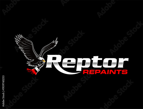 Logo Featuring Black Eagle with Red Spray Gun – Bold Black Background Design Symbolizing Strength, Precision, and Professional Repainting Services